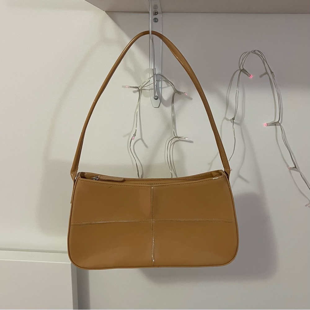 Vintage Tan Faux Leather Shoulder Bag Minimalist Neutral Purse Structured